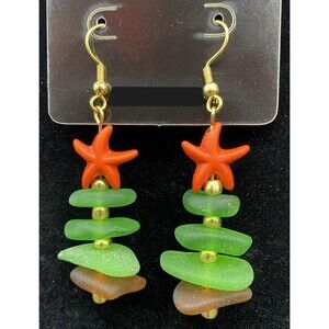 Handmade Sea Glass Christmas Tree & Orange Star Gold Tone Earrings by Neanie-Bot